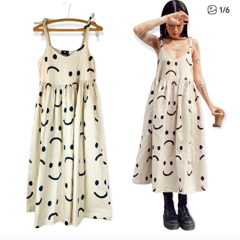 Lazy Oaf Cream Smiley Midi Dress - Picture 3 of 3